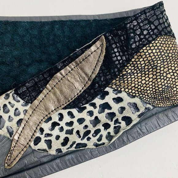 Vtg Mexican Mixed Metal Brass Copper Hand Crafted Belt Buckle Leather Patchwork - Picture 6 of 10